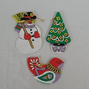 3 Vintage Flat Wooden Wood Hand Painted Double Sided Christmas Ornaments Snowman